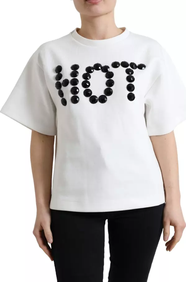 T-shirt White Cotton Stretch Black HOT Crystal