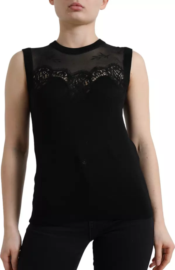 Black Cashmere Lace Trim Sleeveless Tank Top