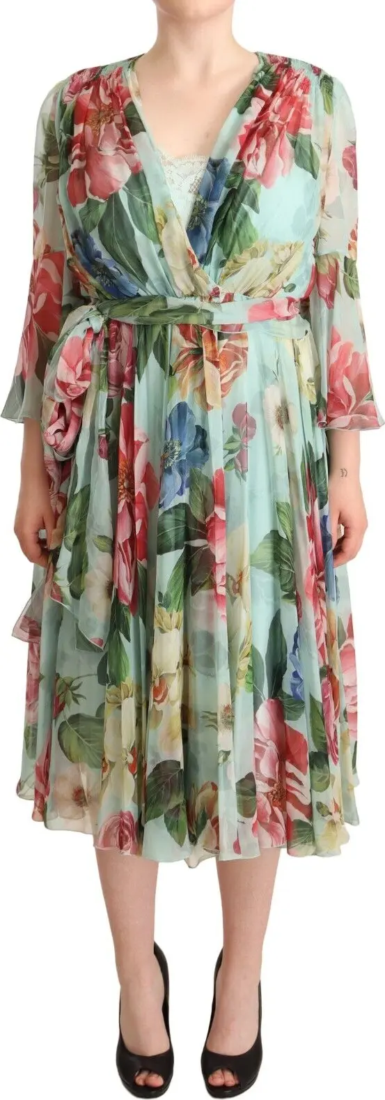 Multicolor Green Floral Silk Wrap Midi Dress