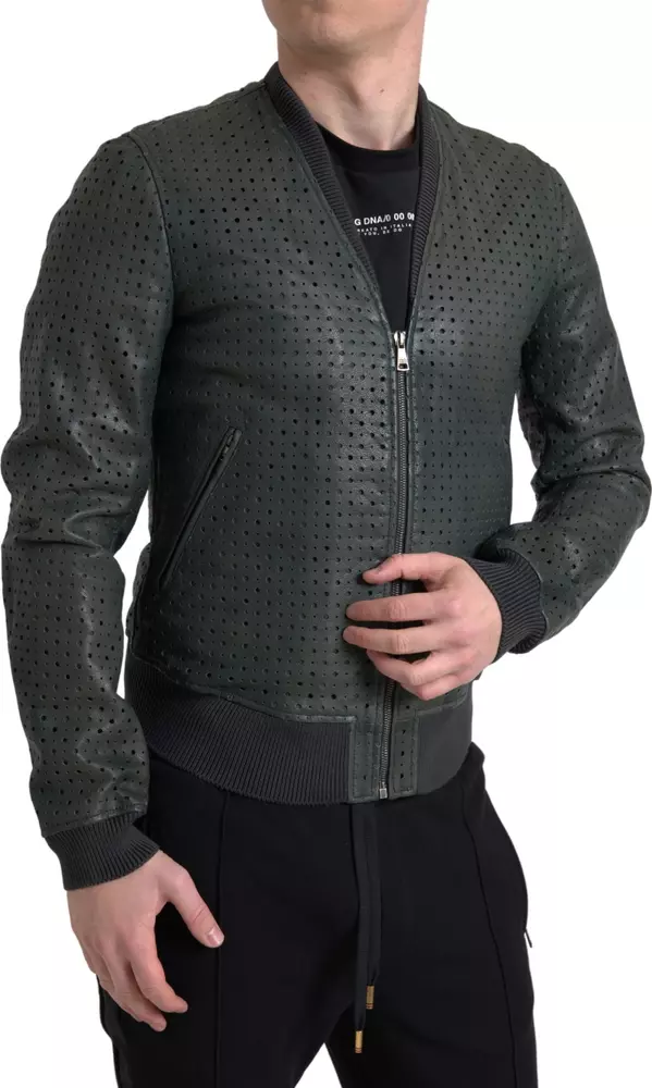 Green Perforated Leather Bomber Jacket
