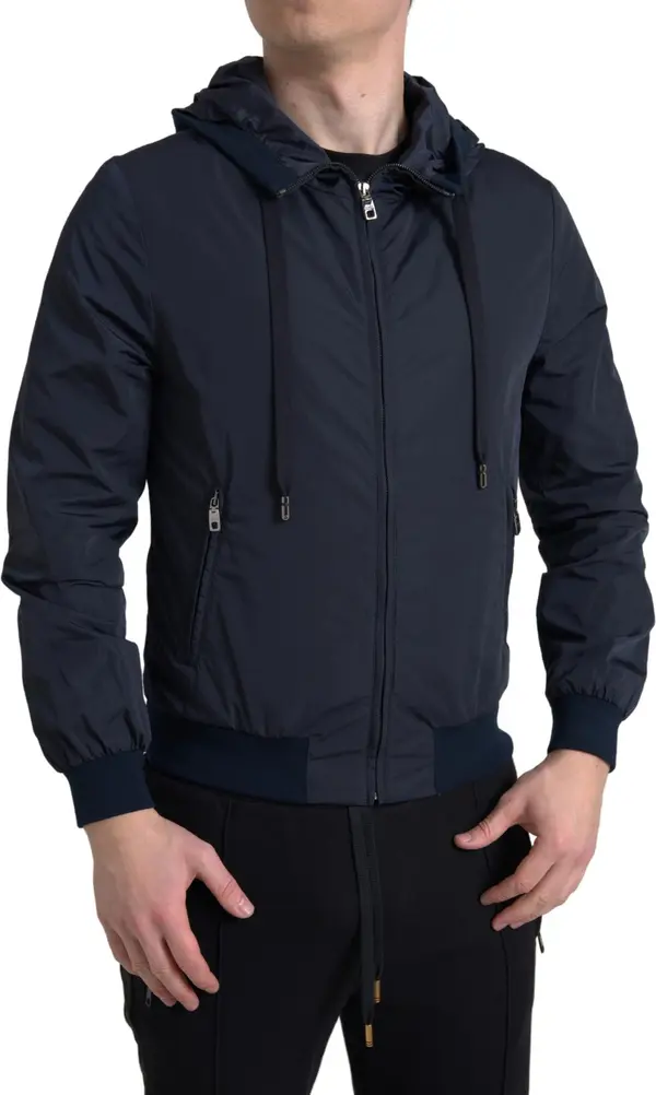 Blue Hooded Logo Polyester Full Zip Sweater
