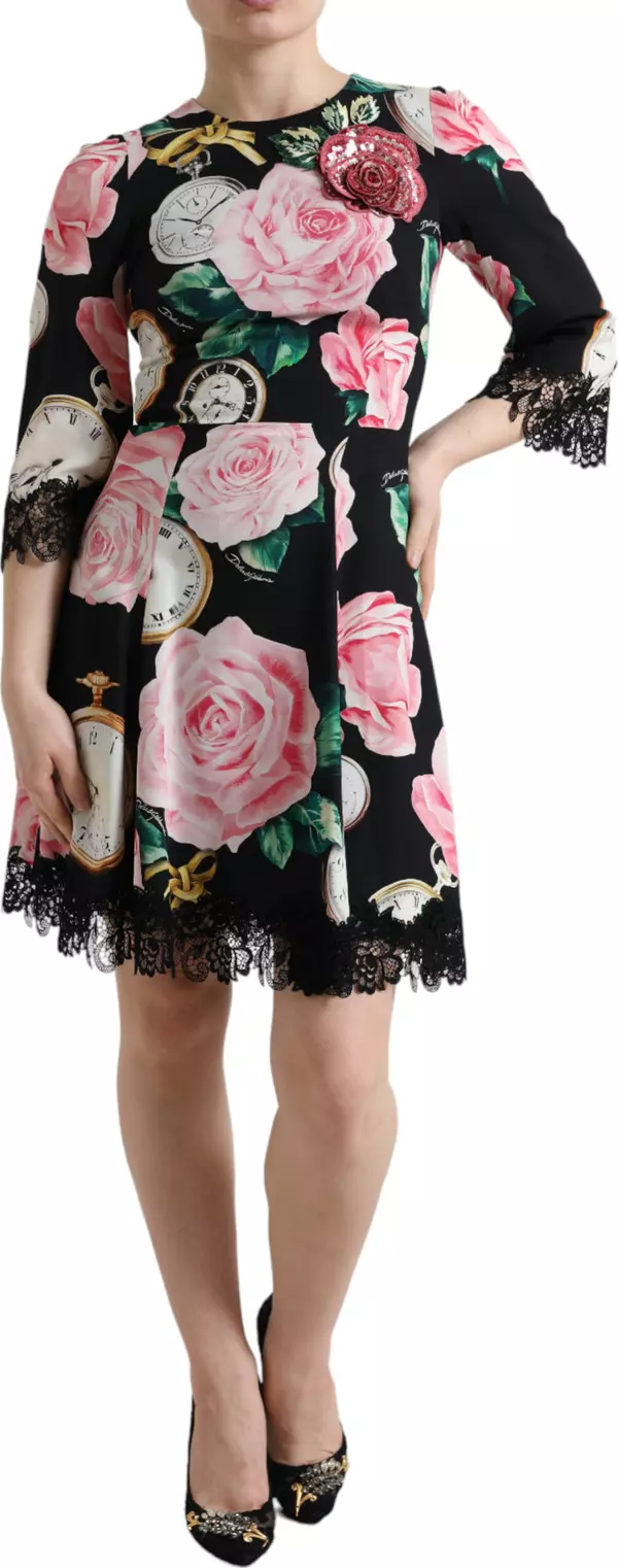 Black Floral Embellished Lace A-line Dress