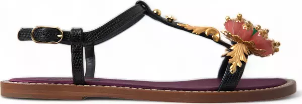 Black Crystal Gold Sandals Leather Shoes