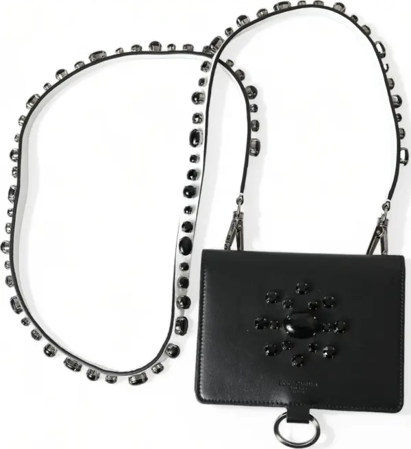 Black Leather Crystal Embellished Card Holder Wallet
