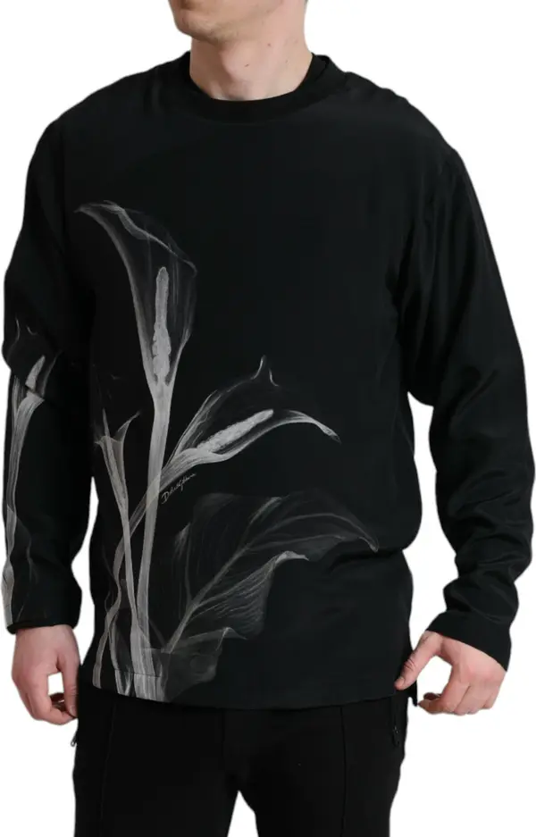 Black Floral Print Crewneck Pullover Sweater