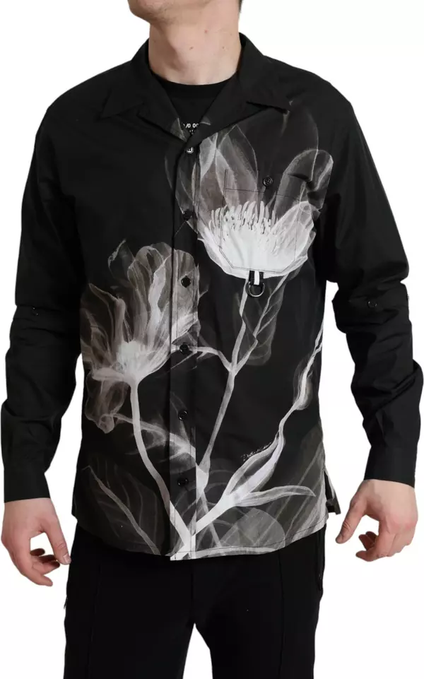 Black Floral Cotton Collared Long Sleeves Men Shirt