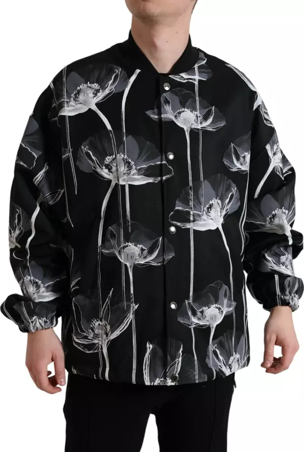 Black Floral Print Wool Button Down Bomber Jacket