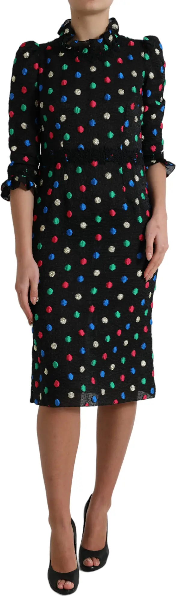 Black Polka Dot Ruffle Cotton Midi Dress