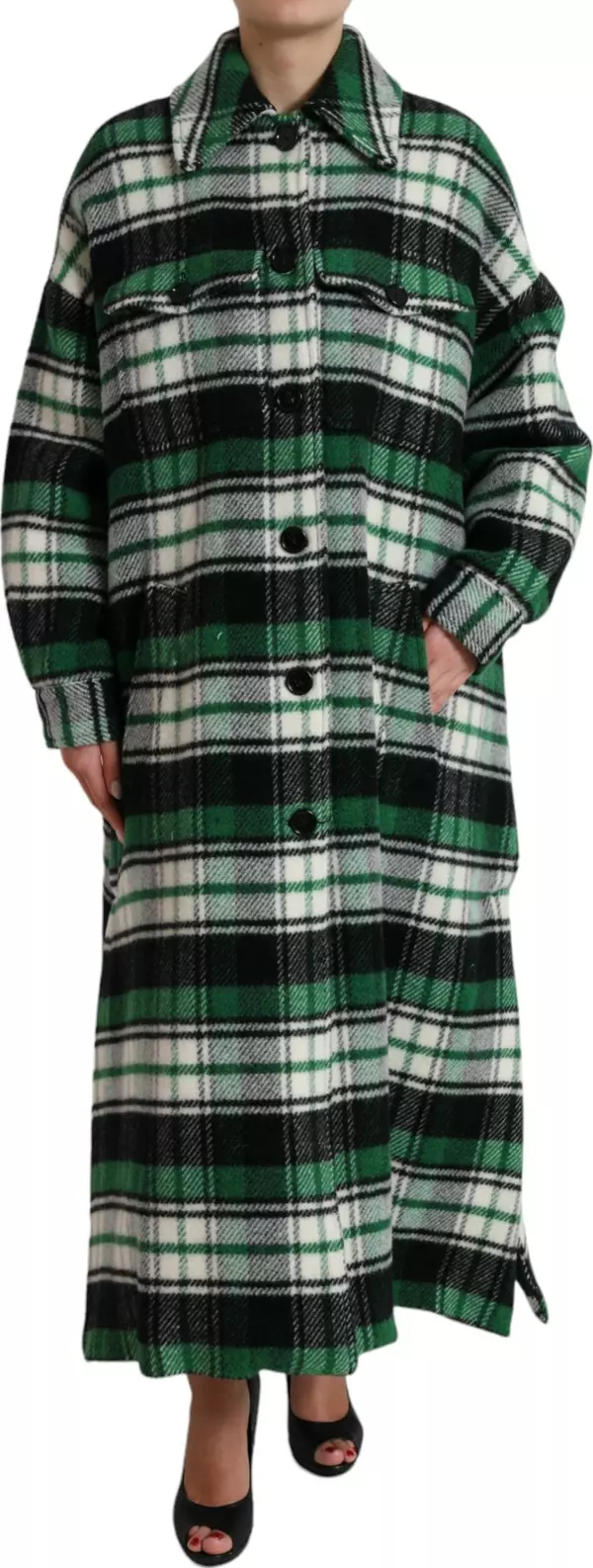 Green Plaid Long Sleeve Casual Coat Jacket