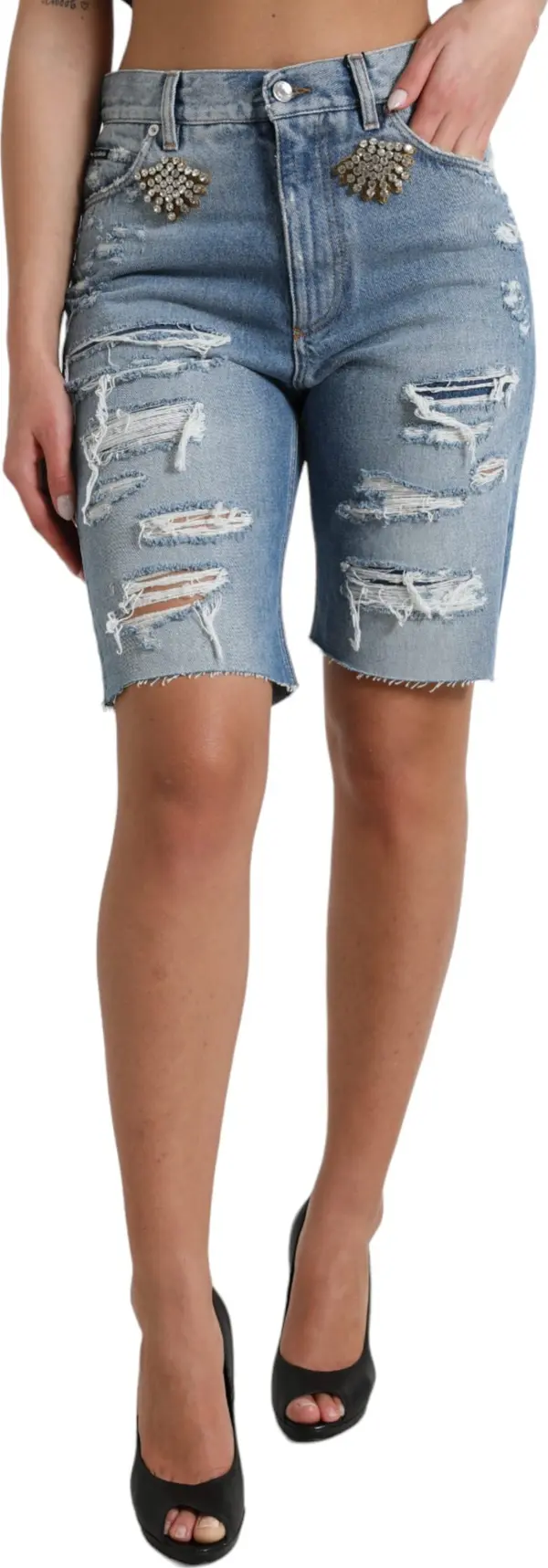 Blue Tattered Embellished Bermuda Shorts