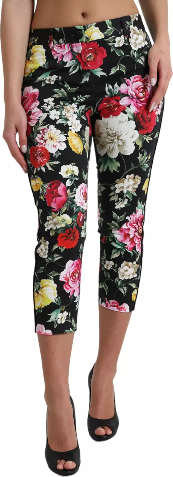 Black Floral Print Mid Waist Cropped Pants