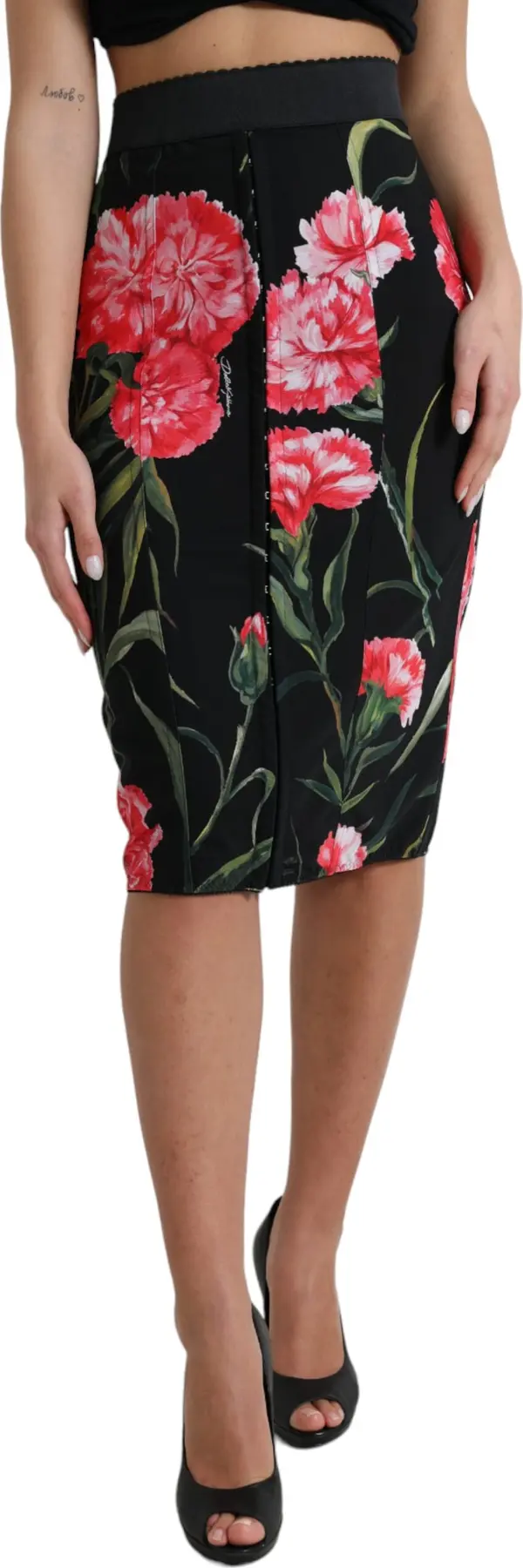 Black Carnation Pencil Cut Knee Length Skirt