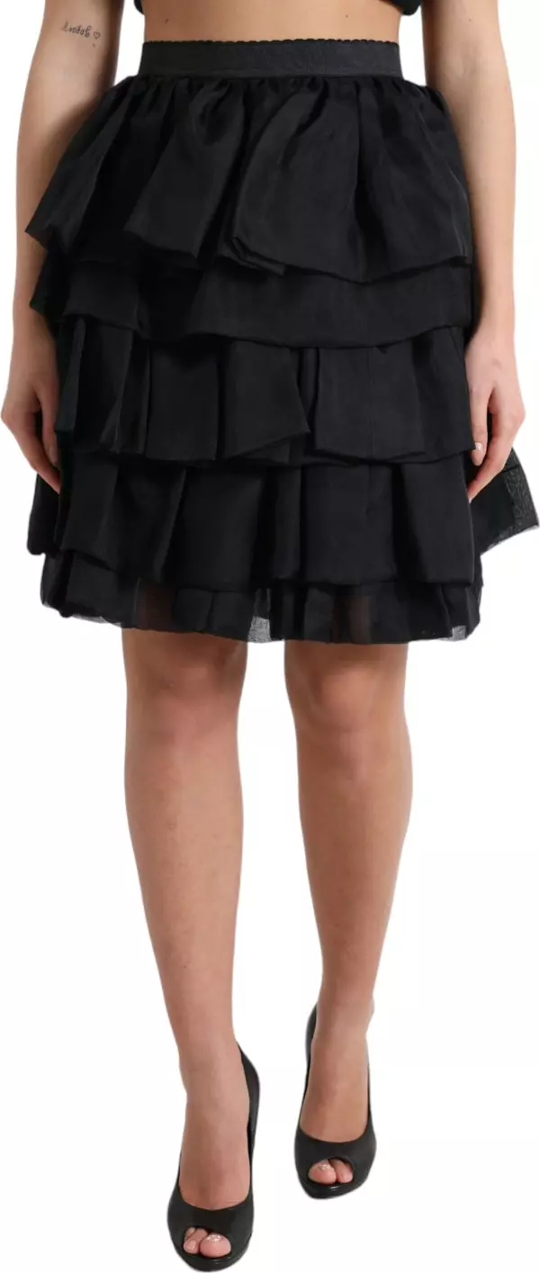 Black Tiered Aline High Waist Silk Mini Skirt