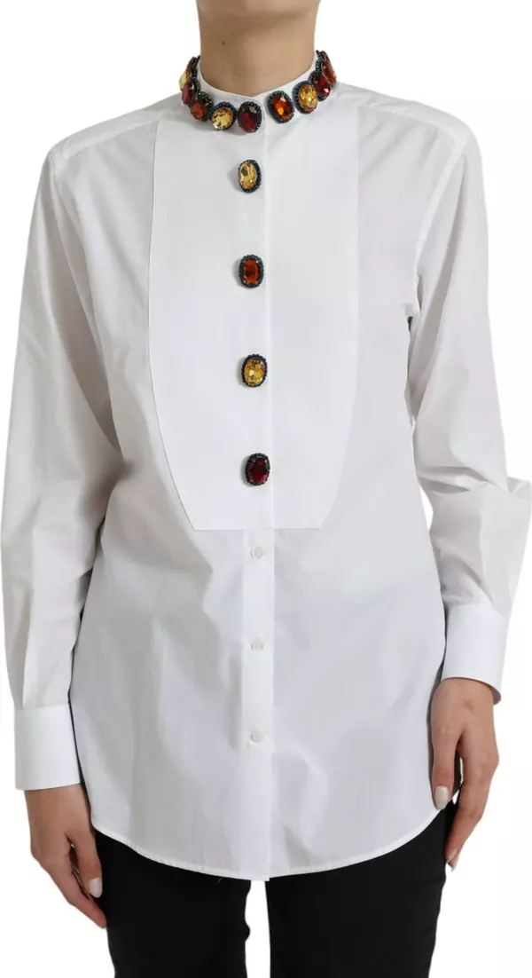 White Cotton Crystals Embellished Shirt Top