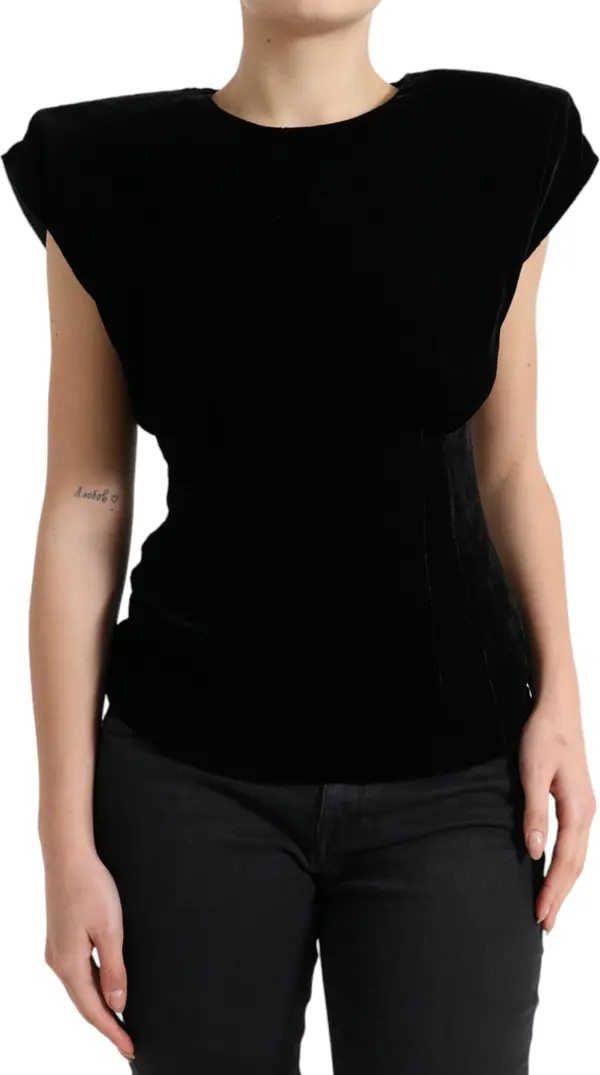 Black Velvet Fitted Padded Shoulder Blouse Top