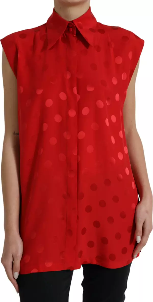 Red Polka Dot Sleeveless Collared Blouse Top
