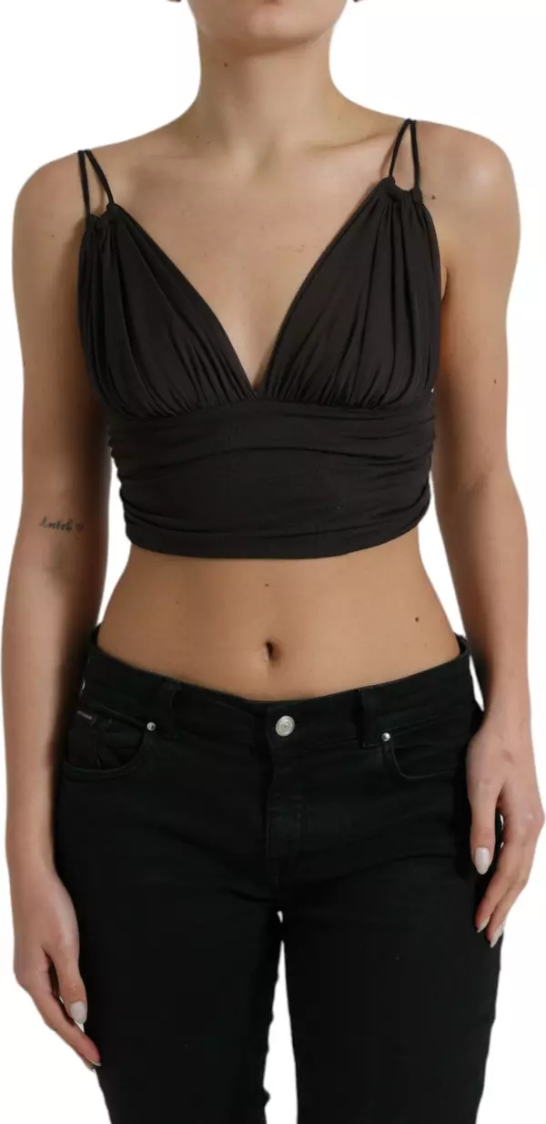 Brown Viscose Plunging V-neck Cropped Tank Top
