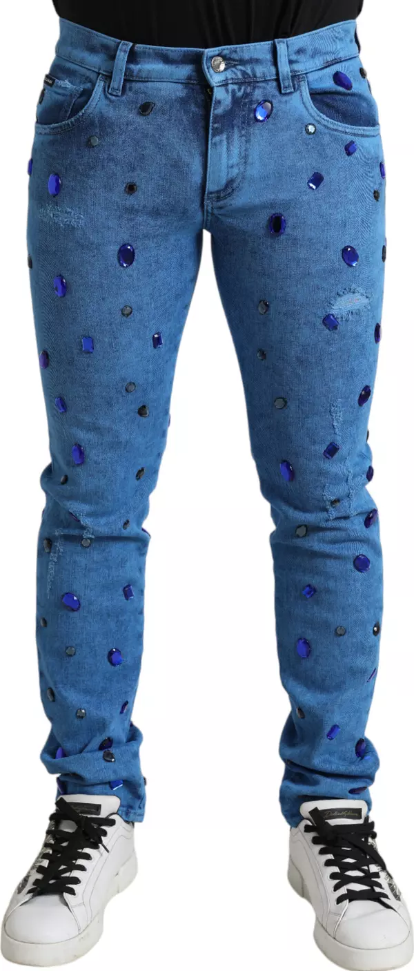 Blue Crystal Embellished Skinny Denim Jeans