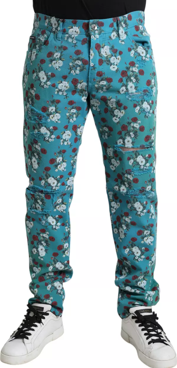 Blue Floral Print Skinny Cotton Denim Pants