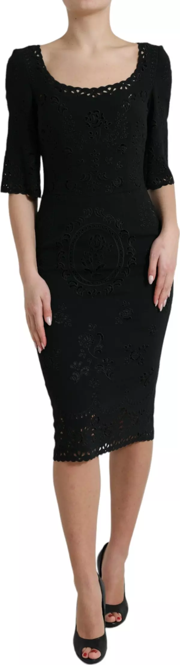Black Floral Lace Viscose Bodycon Midi Dress