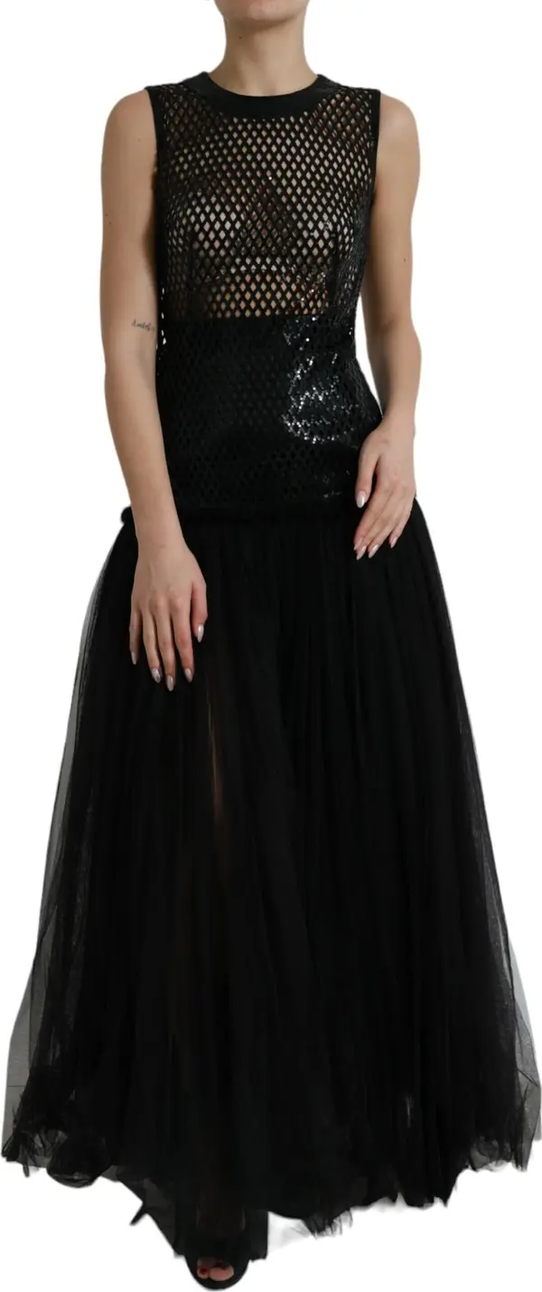 Black Sequined Sleeveless Mesh Layered Gown Dress