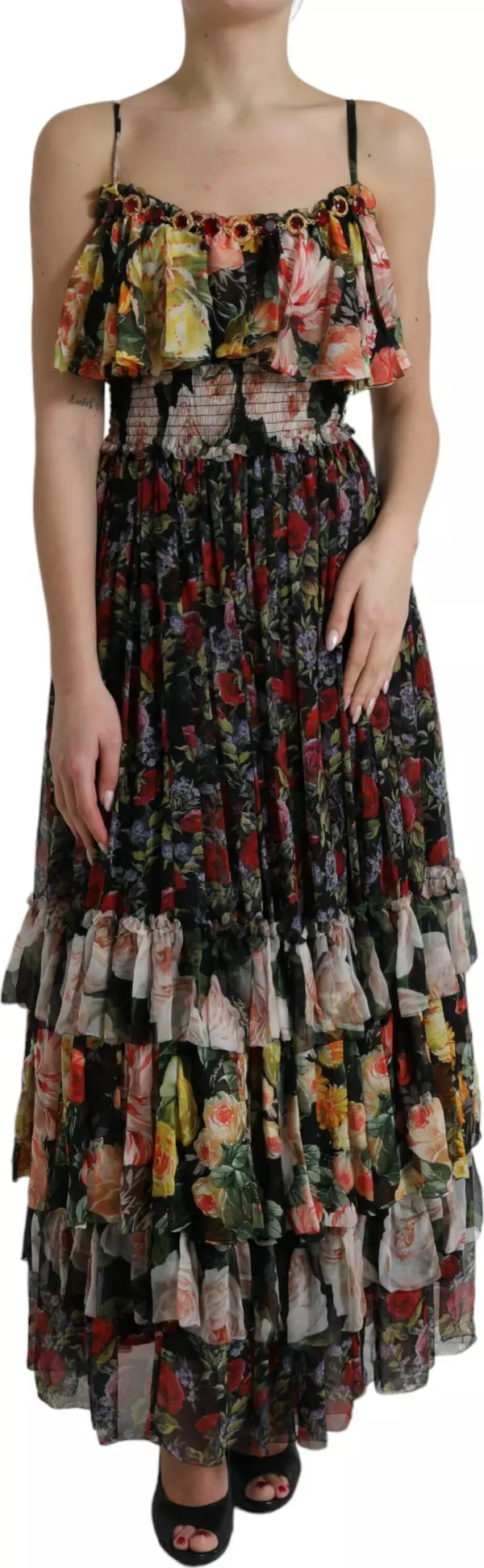 Multicolor Floral Chiffon Tiered Maxi Dress