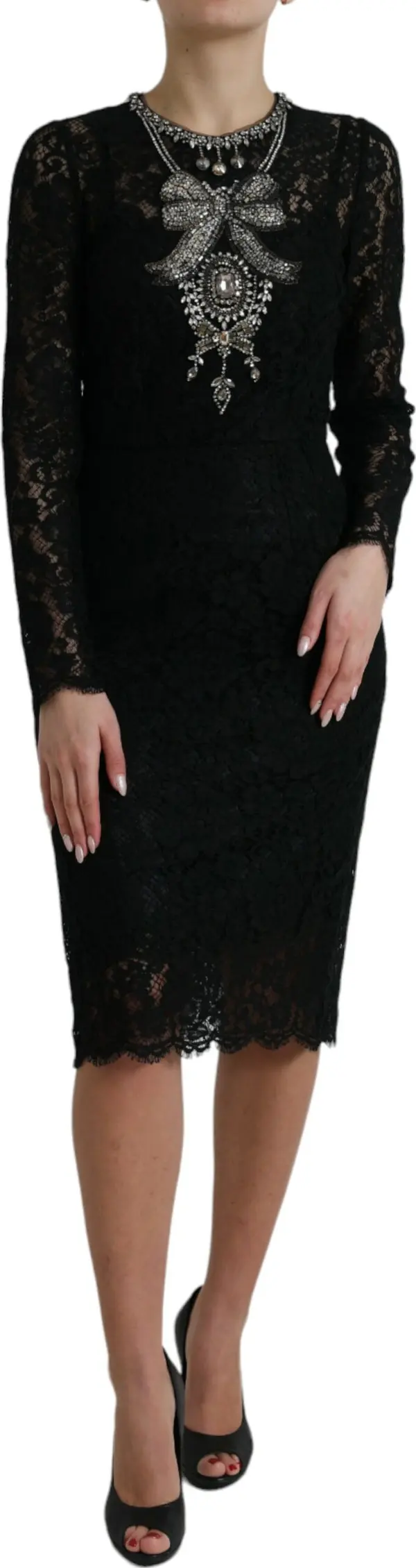Black Lace Crystal Embellished Sheath Dress