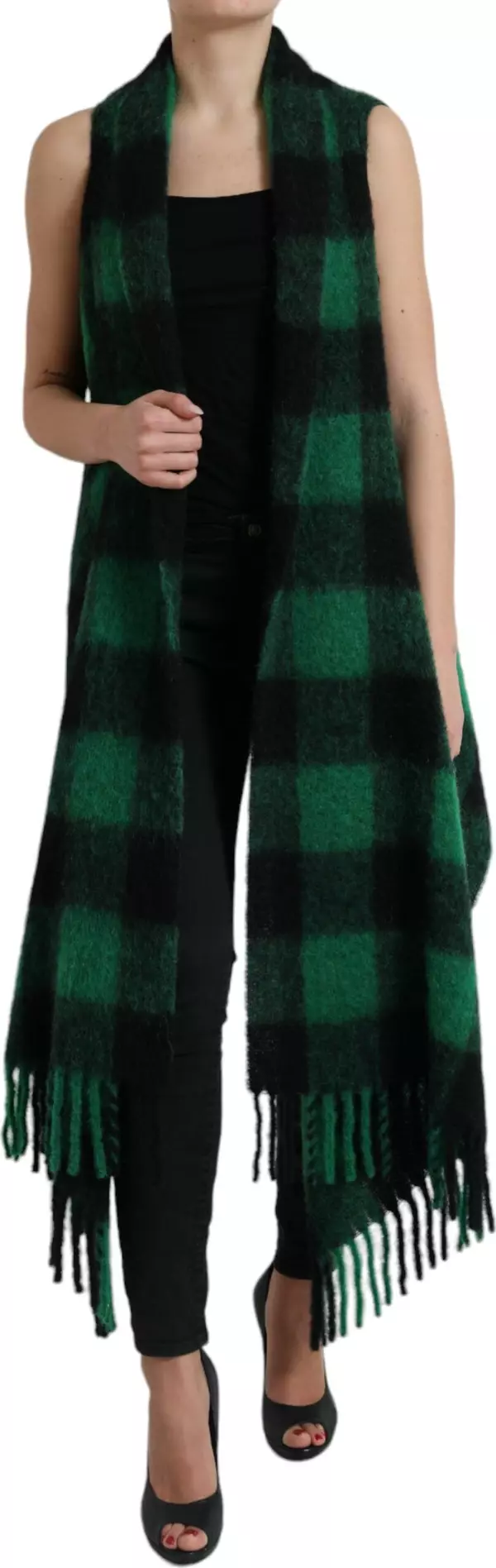 Black Green Buffalo Check Poncho Coat Jacket