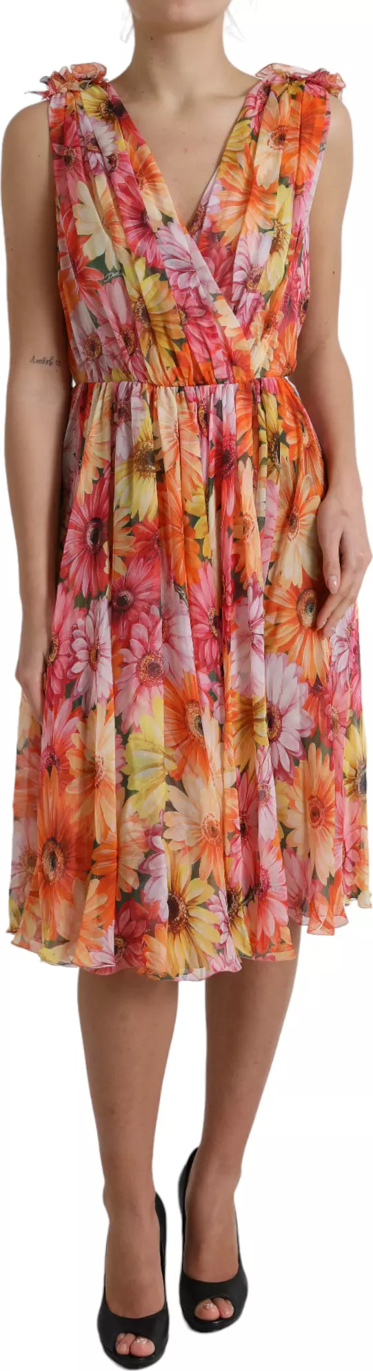 Multicolor Sunflower Print Silk Midi Dress