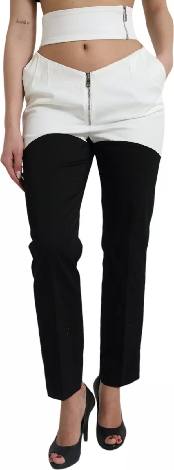 Black White Cotton Cut Out Waist Tapered Pants