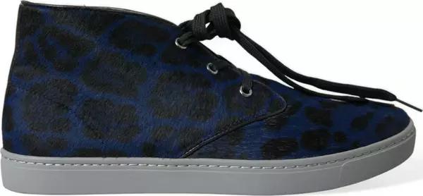 Blue Calfskin Leopard Mid Top Sneakers Shoes