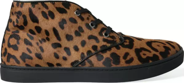 Brown Leopard Pony Hair Leather Sneakers Shoes