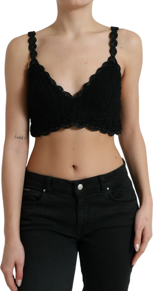 Black Cotton Bustier Cropped Crochet Tank Top