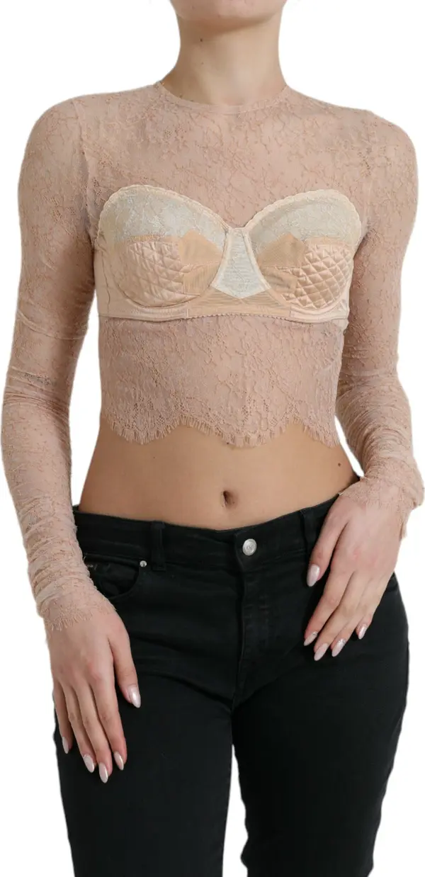Beige Nylon Floral Lace Bustier Cropped Top