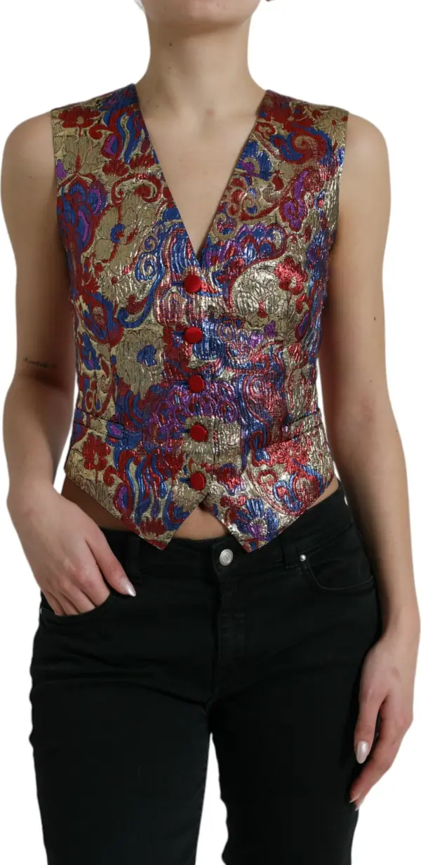Multicolor Jacquard Button Waistcoat Vest Top