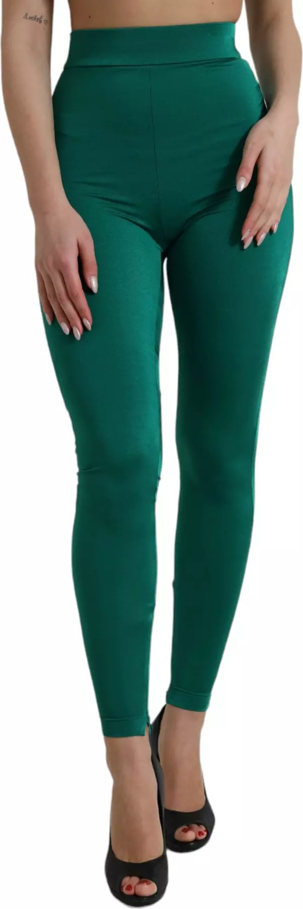 Green Nylon Stretch Slim Leggings Pants