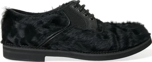 Black Fur Leather Lace Up Derby Dress Shoes