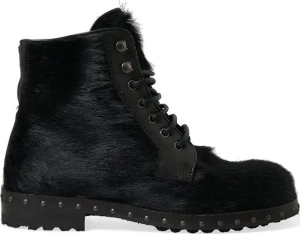 Black Pony Style Leather Mid Calf Boots Shoes