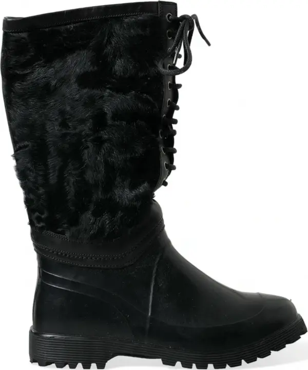 Black Rubber Lace Up Shearling Rain Boots Shoes