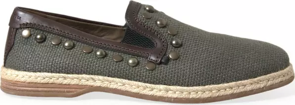 Gray Linen Leather Studded Loafers Shoes