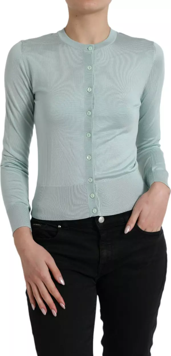 Light Blue Silk Crew Neck Cardigan Sweater