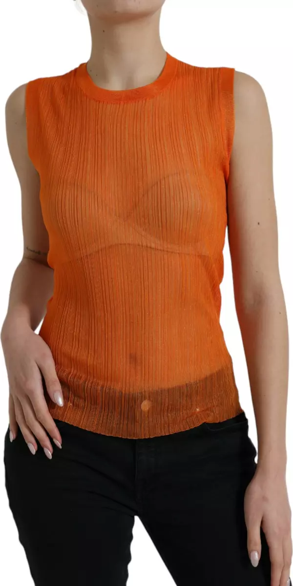 Orange See Through Crew Neck Blouse Tank Top