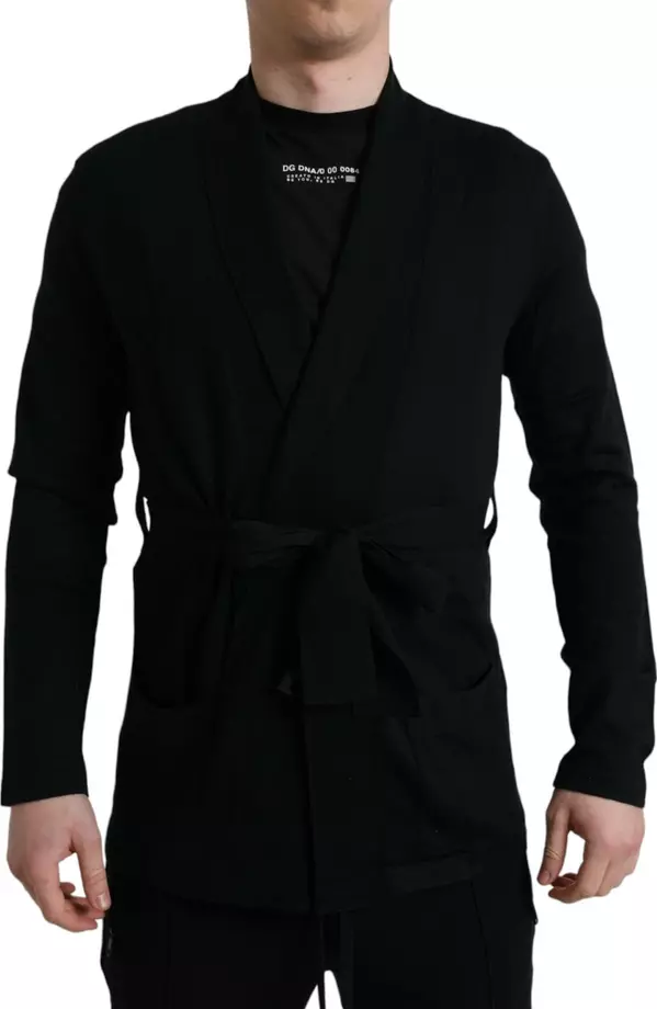 Black Cashmere Long Sleeves Belted Wrap Robe