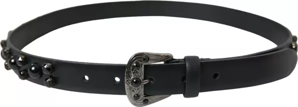 Black Embellished Leather Engraved Buckle Belt