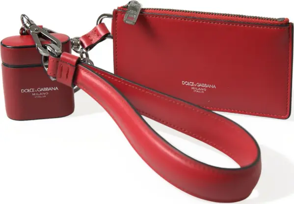 Red Leather Silver Metal Logo Strap Pouch Airpods Case