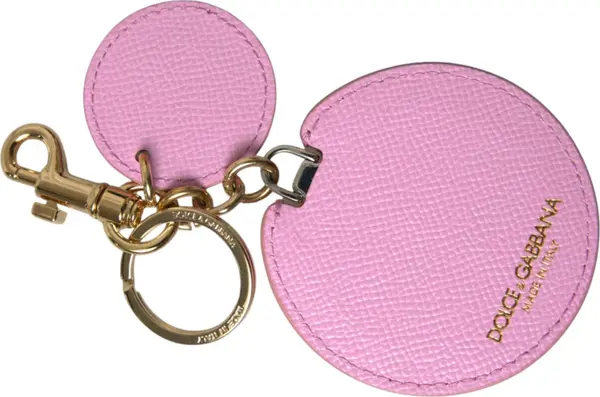 Pink Calf Leather Gold Metal Logo Print Keyring Keychain