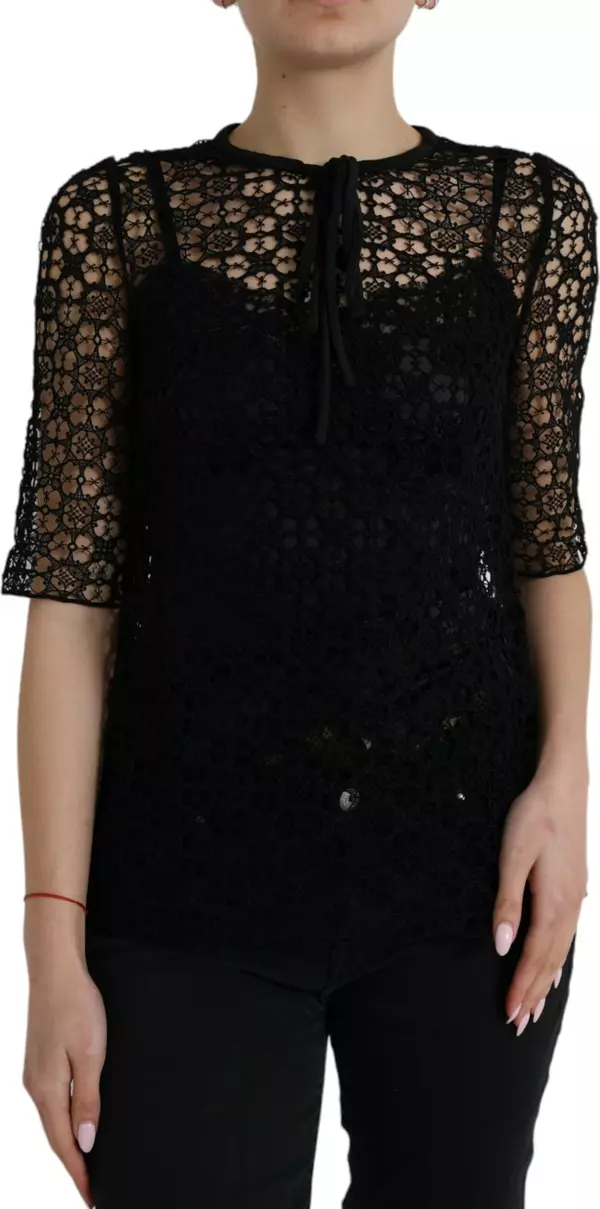 Black Floral Lace Short Sleeves Blouse Top