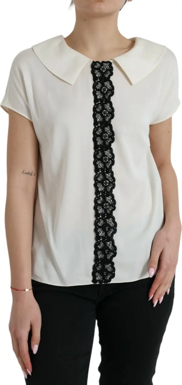 Off White Silk Lace Trim Short Sleeves Top