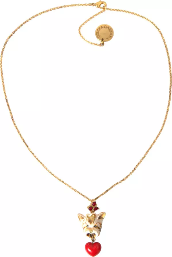 Gold Brass Chain Dog Heart Pendant Charm Necklace