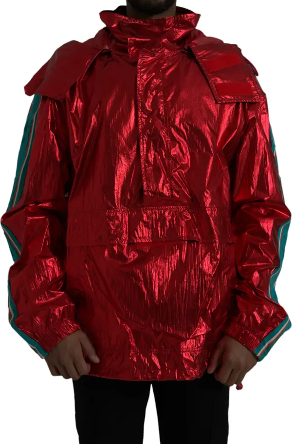 Red Nylon Hooded Pullover Sweatshirt Jacket